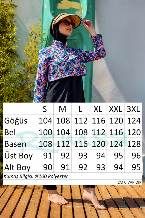 Full-Cover Modest Swimwear Set Black Print Remsa Mayo - Thumbnail