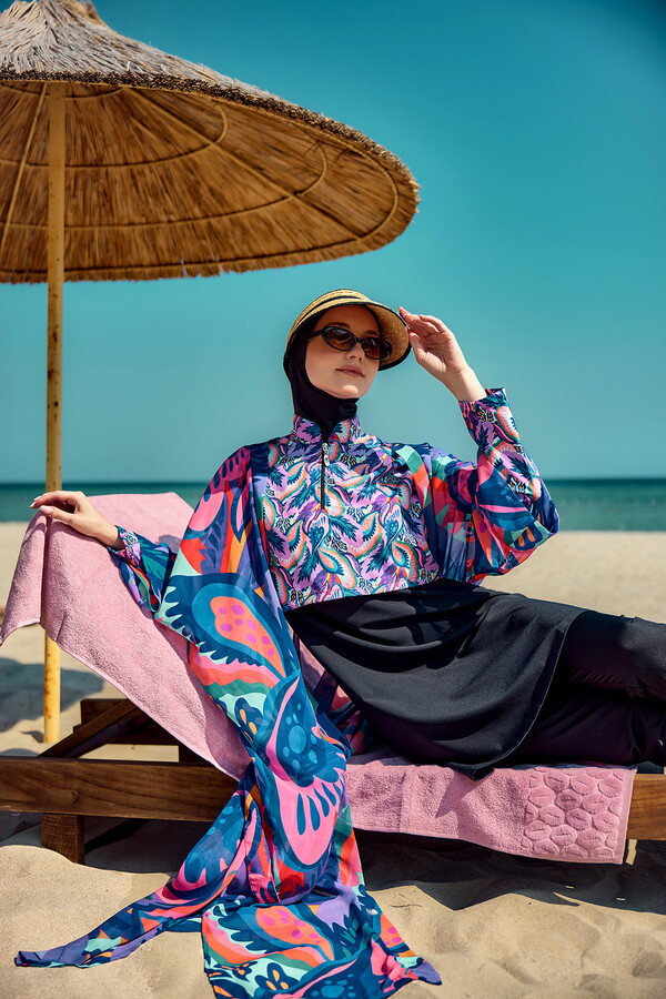 Full-Cover Modest Swimwear Set Black Print Remsa Mayo - Thumbnail