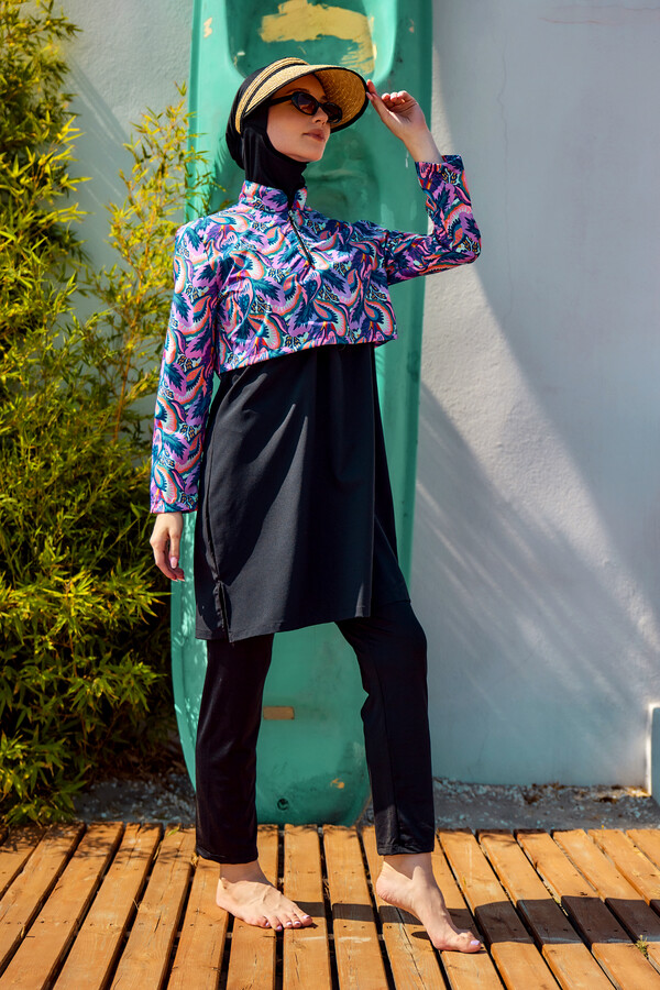 Full-Cover Modest Swimwear Set Black Print Remsa Mayo - Thumbnail