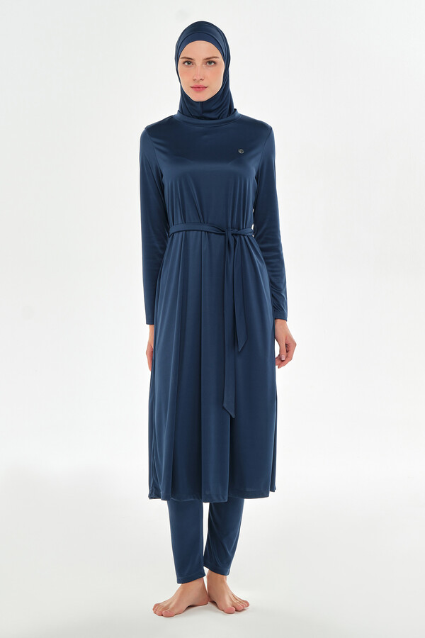 Full-Cover Modest Swimwear Set in Navy Blue - Thumbnail