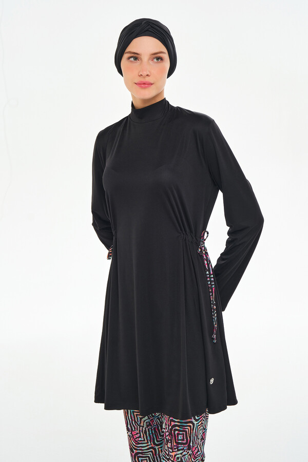 Full-Cover Modest Swimwear Set with Tunic and Patterned Bottom - Thumbnail