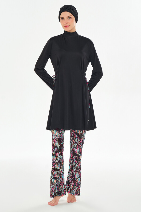 Full-Cover Modest Swimwear Set with Tunic and Patterned Bottom - Thumbnail