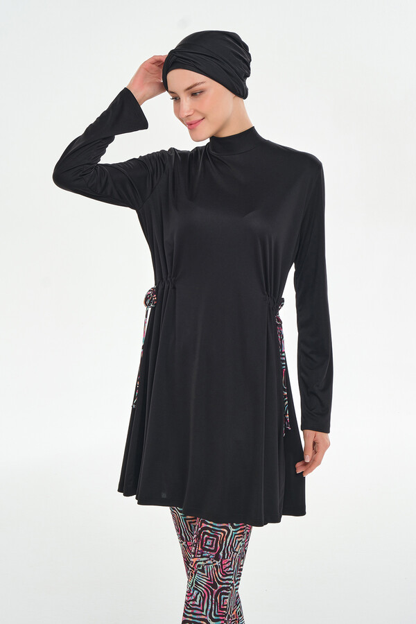 Full-Cover Modest Swimwear Set with Tunic and Patterned Bottom - Thumbnail