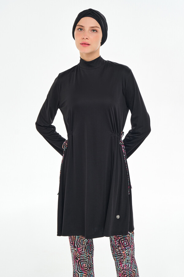 Full-Cover Modest Swimwear Set with Tunic and Patterned Bottom - Thumbnail