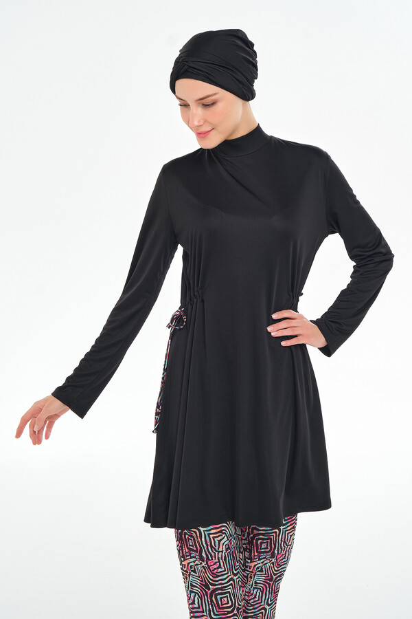 Full-Cover Modest Swimwear Set with Tunic and Patterned Bottom - Thumbnail