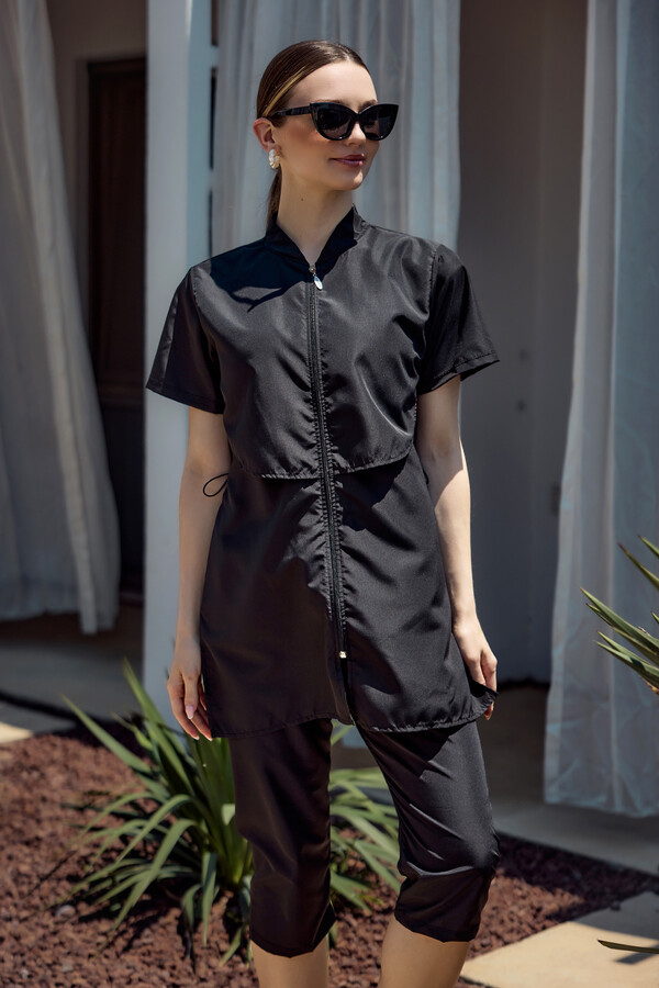 Full-Cover Parachute Short-Sleeve Semi-Covered Swimwear Set - Thumbnail