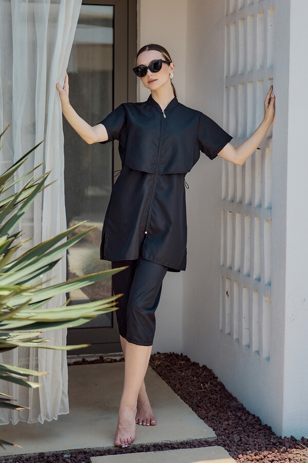 Full-Cover Parachute Short-Sleeve Semi-Covered Swimwear Set - Thumbnail