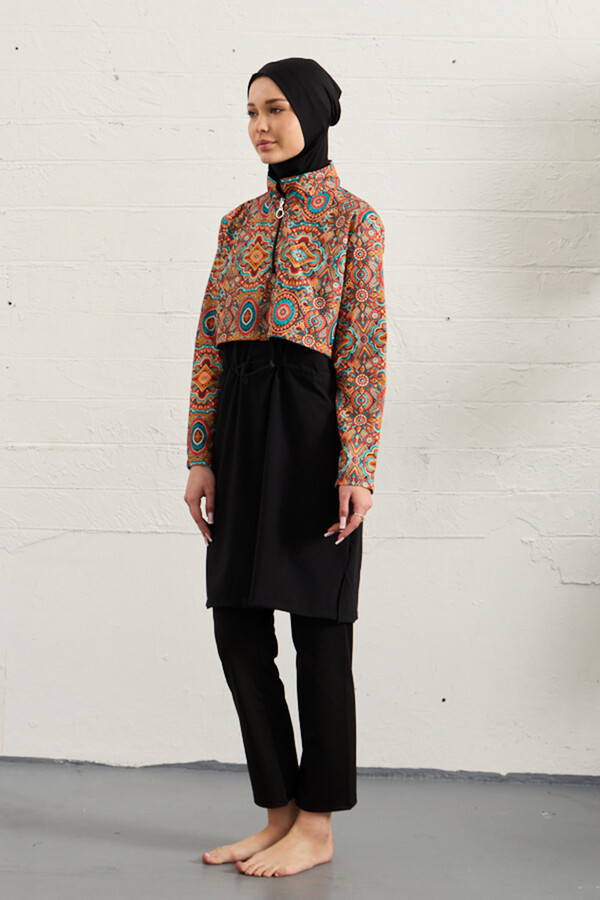 Full Cover Sport Lycra Modest Swimsuit Set Black 1527-178 - Thumbnail