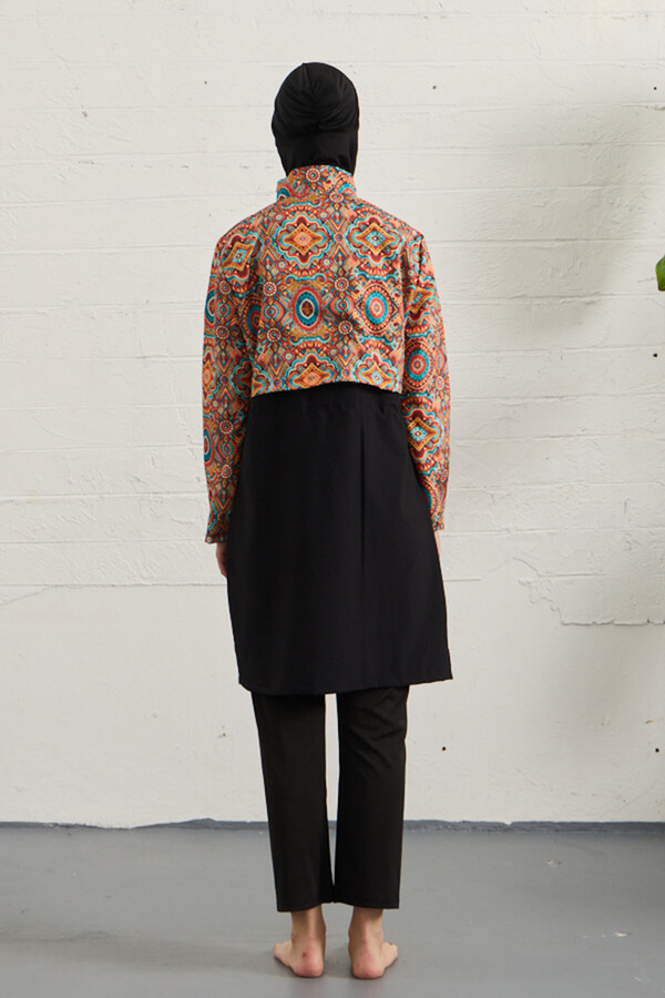 Full Cover Sport Lycra Modest Swimsuit Set Black 1527-178 - Thumbnail