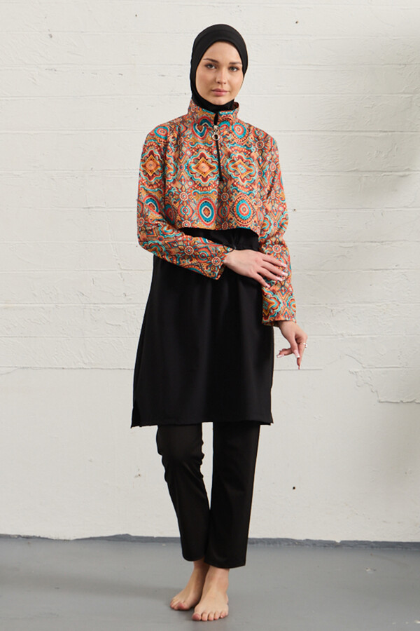 Full Cover Sport Lycra Modest Swimsuit Set Black 1527-178 - Thumbnail