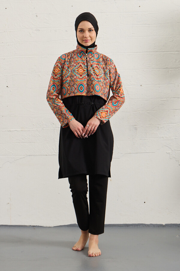 Full Cover Sport Lycra Modest Swimsuit Set Black 1527-178 - Thumbnail