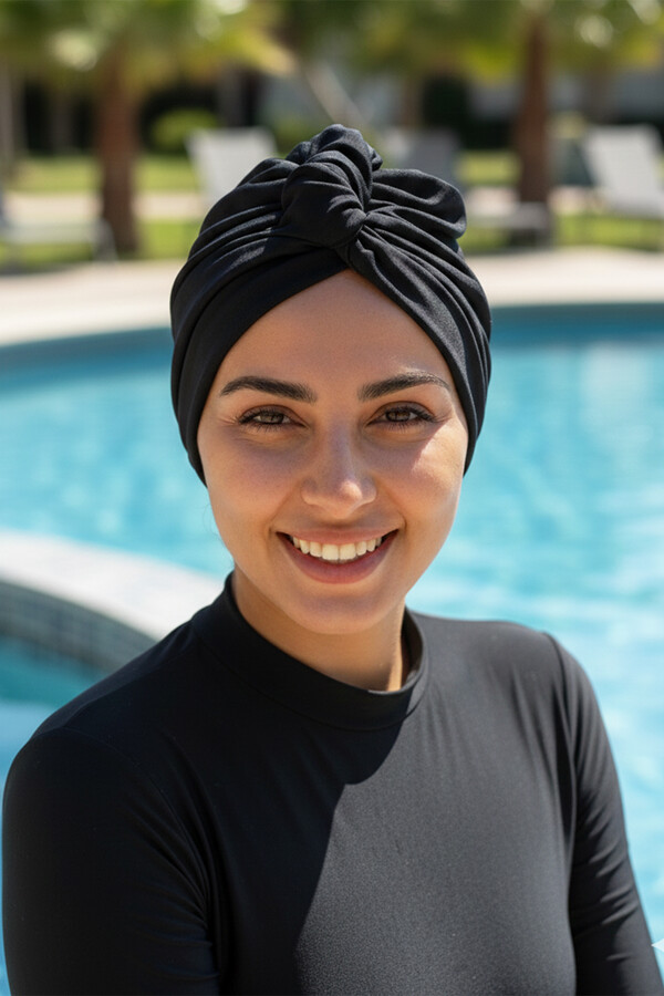 Full-Cover Swimwear Bonnet R-987 Black - Thumbnail