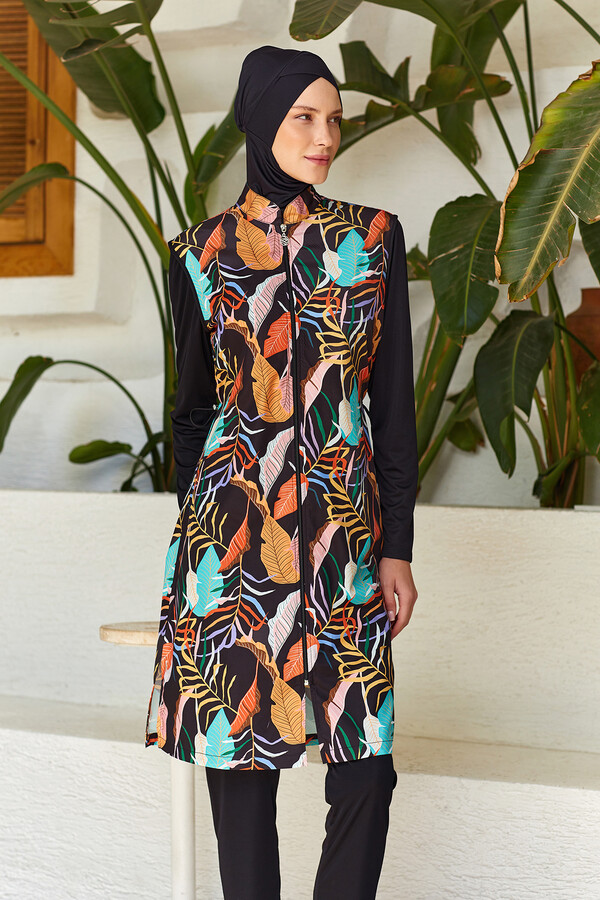 Full-Cover Swimwear Set with Tropical Print - Thumbnail
