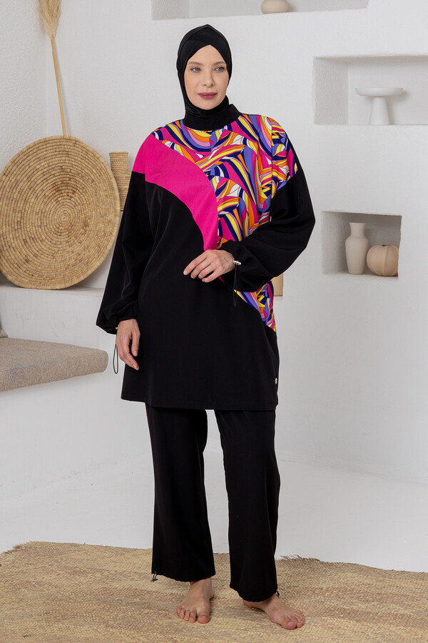 Full Coverage Abstract Print Lycra Set in Black with Vibrant Color Accents - Thumbnail