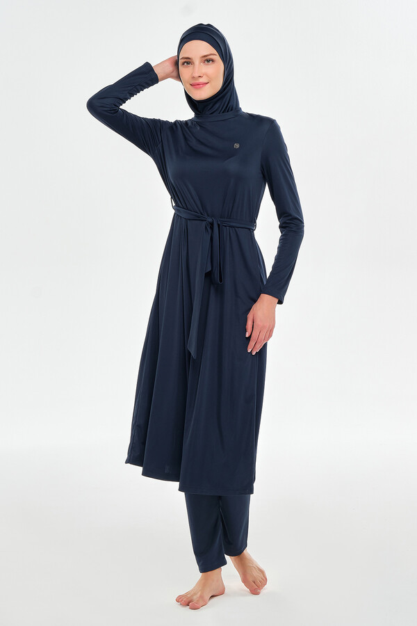 Full-Coverage Long Modest Swimwear Set in Navy Blue - Thumbnail