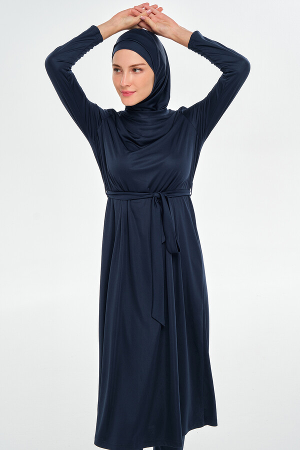 Full-Coverage Long Modest Swimwear Set in Navy Blue - Thumbnail
