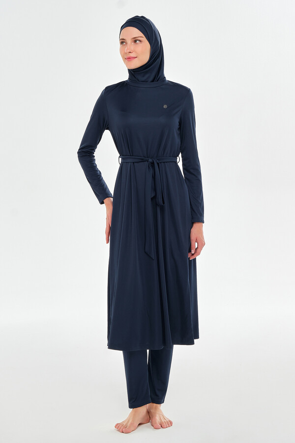 Full-Coverage Long Modest Swimwear Set in Navy Blue - Thumbnail