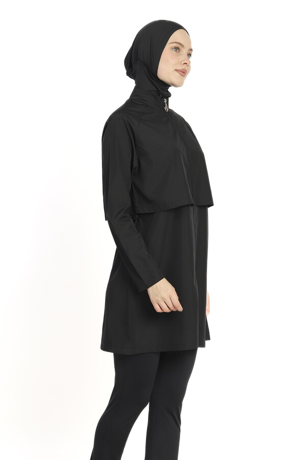 Full Coverage Long Sleeve Modest Swimsuit Set 6201 Black - Thumbnail