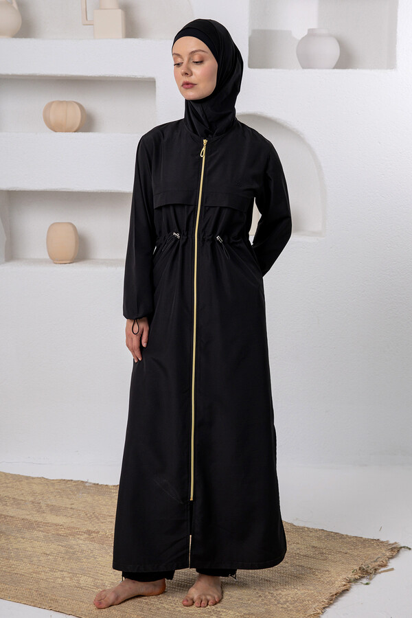 Full Coverage Long Sleeve Modest Swimsuit Set in Black - Thumbnail