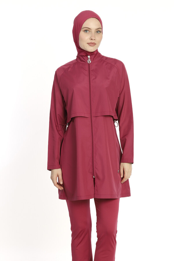 Full Coverage Long Sleeve Modest Swimsuit Set in Burgundy - Thumbnail