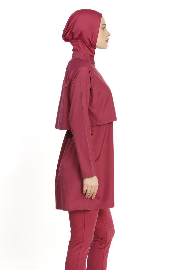 Full Coverage Long Sleeve Modest Swimsuit Set in Burgundy - Thumbnail