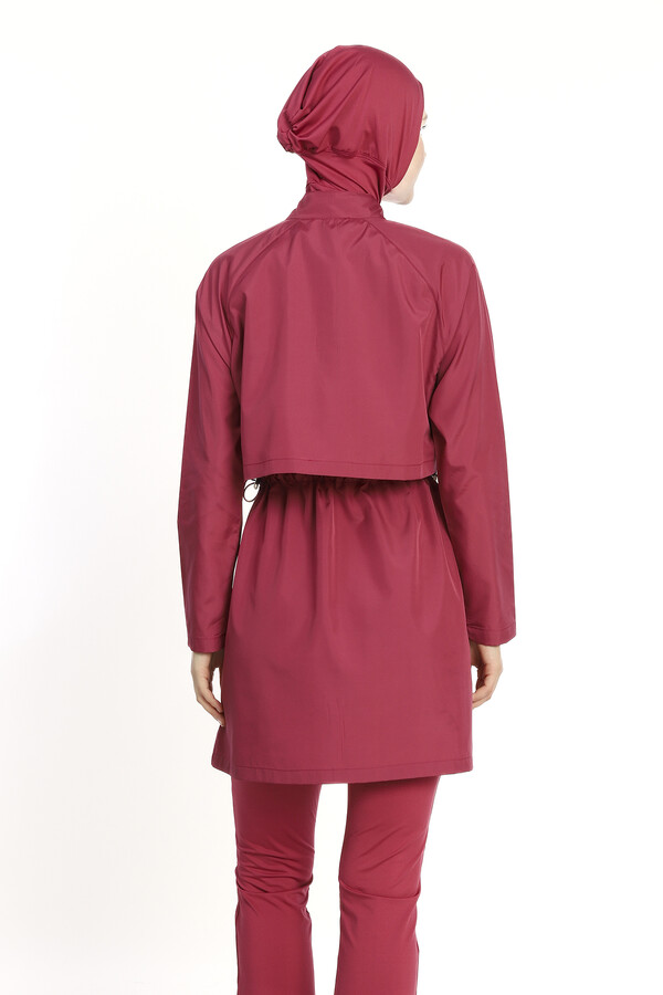 Full Coverage Long Sleeve Modest Swimsuit Set in Burgundy - Thumbnail