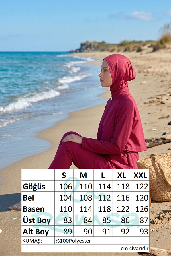 Full Coverage Long Sleeve Modest Swimsuit Set in Burgundy - Thumbnail