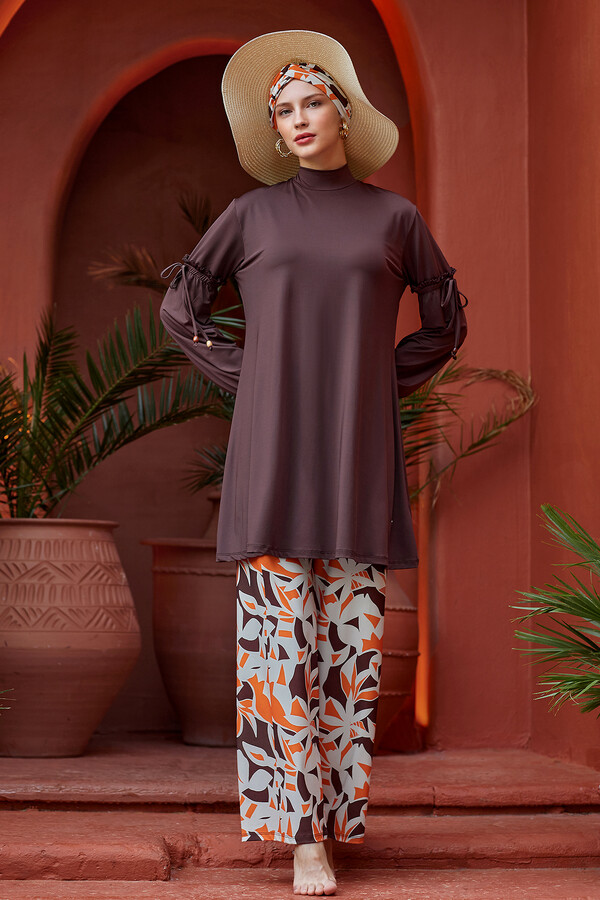 Full Coverage Lycra Wide-Leg Modest Swimsuit Set in Brown - Thumbnail
