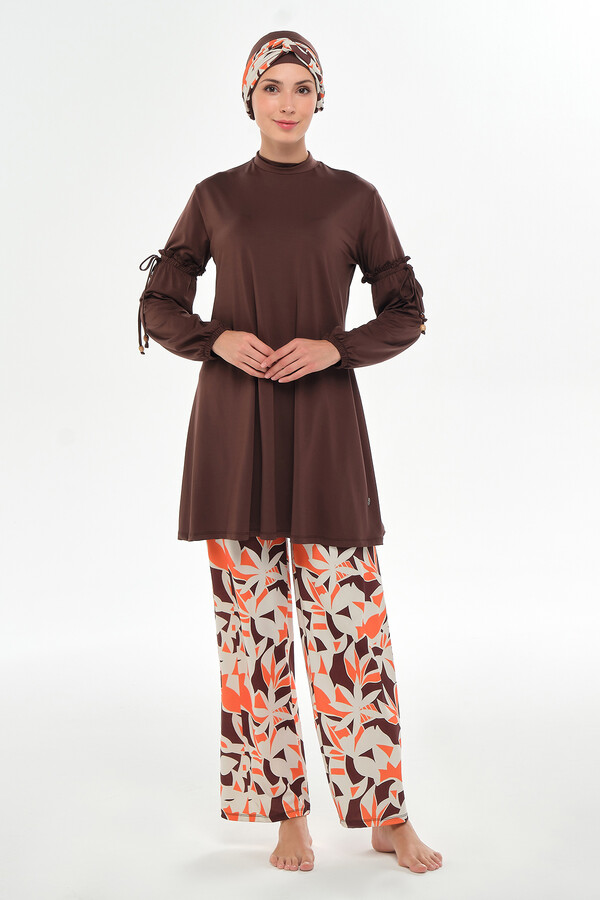 Full Coverage Lycra Wide-Leg Modest Swimsuit Set in Brown - Thumbnail