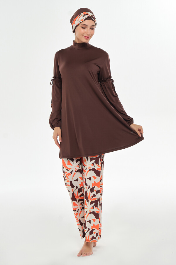 Full Coverage Lycra Wide-Leg Modest Swimsuit Set in Brown - Thumbnail