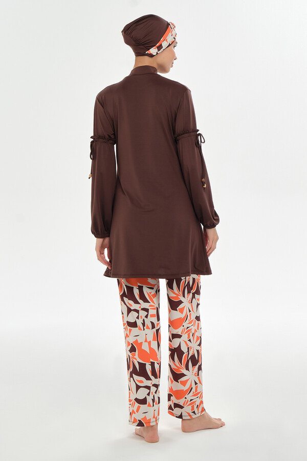 Full Coverage Lycra Wide-Leg Modest Swimsuit Set in Brown - Thumbnail