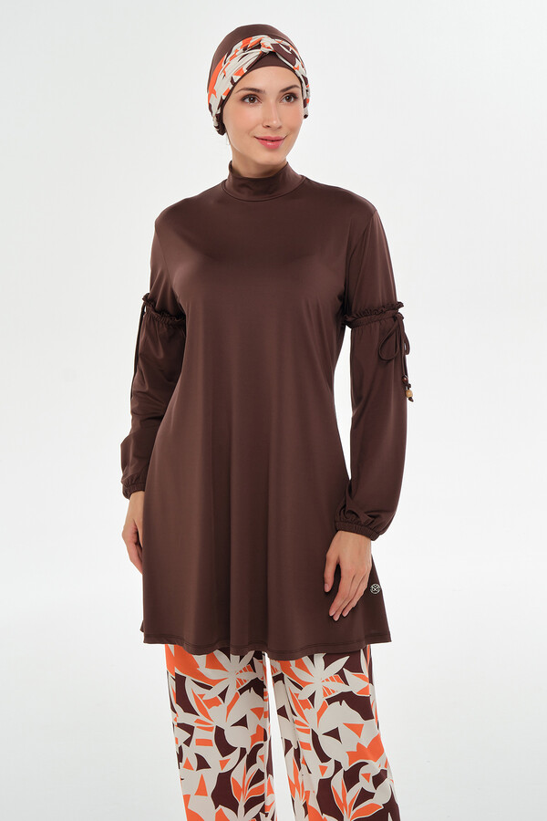 Full Coverage Lycra Wide-Leg Modest Swimsuit Set in Brown - Thumbnail
