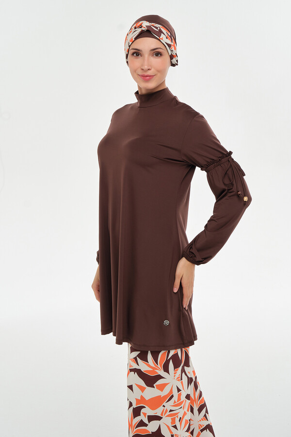 Full Coverage Lycra Wide-Leg Modest Swimsuit Set in Brown - Thumbnail