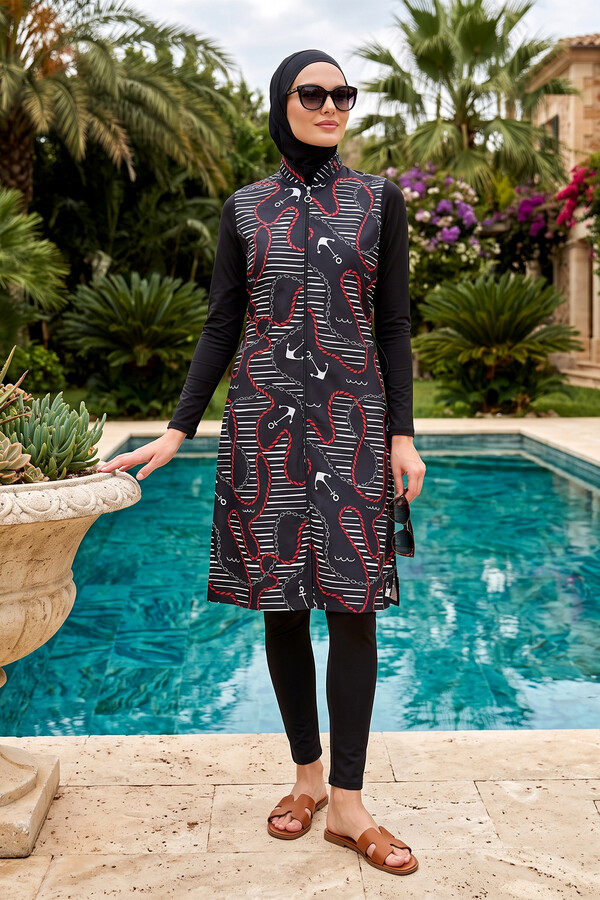 Full Coverage Modest Swimwear Set with Tunic Top and Bonnet - Thumbnail