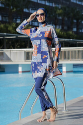 Remsa - Full Coverage Modest Swimsuit With Abstract Print 25218-3 Navy Blue