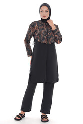 Remsa - Full Coverage Modest Swimsuit With Elastic Waist & Abstract Print Black
