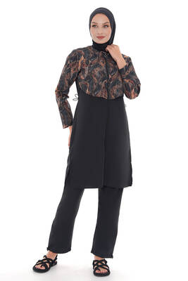 Remsa - Full Coverage Modest Swimsuit With Elastic Waist & Abstract Print Black Remsa - Full Coverage Modest Swimsuit With Elastic Waist & Abstract Print Black