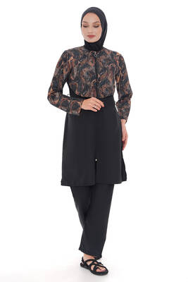 Remsa - Full Coverage Modest Swimsuit With Elastic Waist & Abstract Print Black (1) Remsa - Full Coverage Modest Swimsuit With Elastic Waist & Abstract Print Black (1)