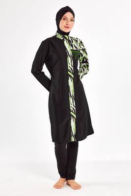 Adasea - Full Coverage Modest Swimsuit Set in Black with Khaki Print (1)