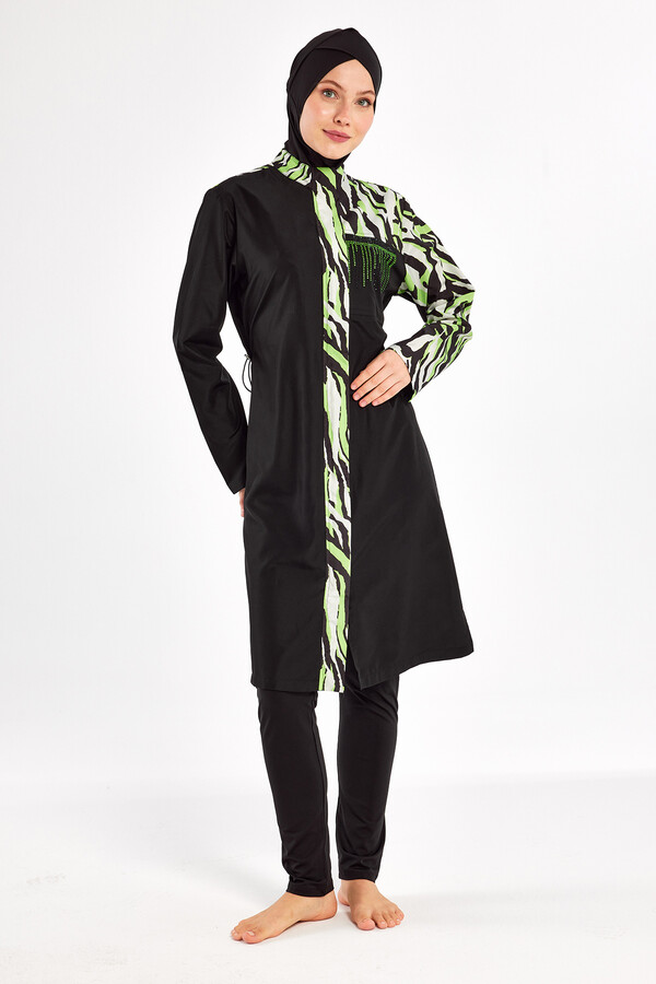 Full Coverage Modest Swimsuit Set in Black with Khaki Print - Thumbnail