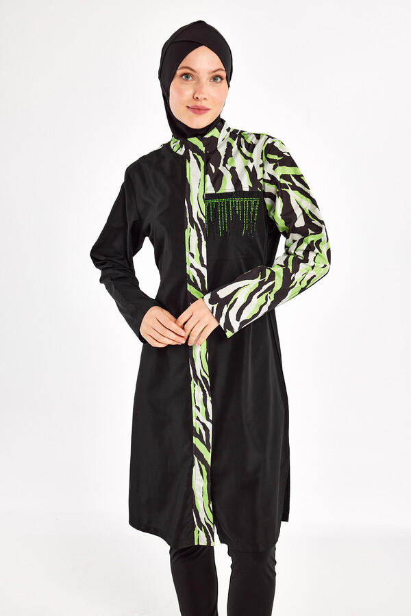 Full Coverage Modest Swimsuit Set in Black with Khaki Print - Thumbnail