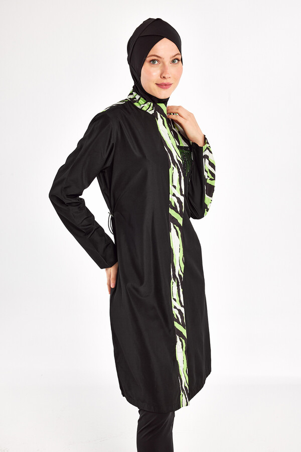 Full Coverage Modest Swimsuit Set in Black with Khaki Print - Thumbnail