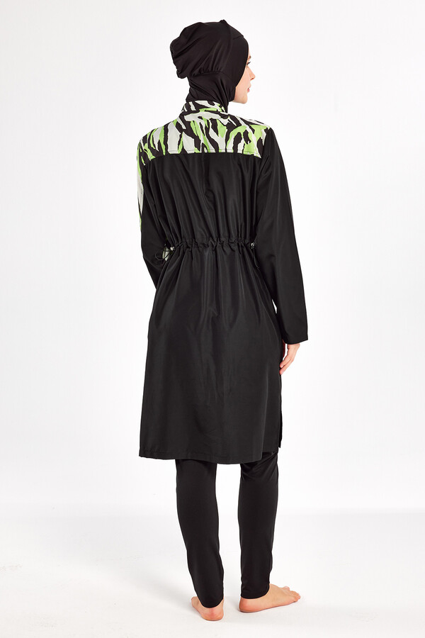 Full Coverage Modest Swimsuit Set in Black with Khaki Print - Thumbnail