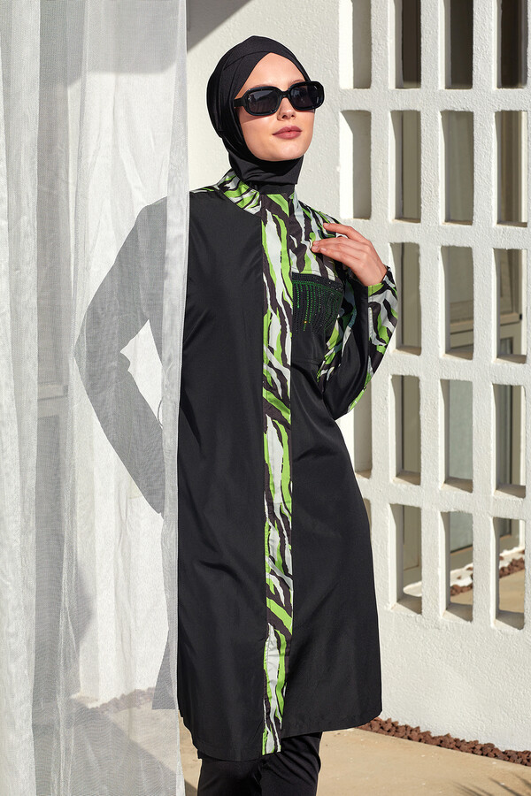 Full Coverage Modest Swimsuit Set in Black with Khaki Print - Thumbnail