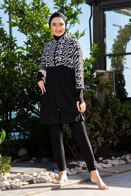 Remsa - Full Coverage Modest Swimsuit With Black & White Pattern 25217-3 Black Remsa - Full Coverage Modest Swimsuit With Black & White Pattern 25217-3 Black