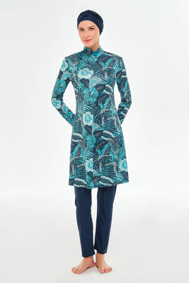 Rozamay - Full Coverage Modest Swimsuit With Blue Floral Print 3104 Navy Blue (1)