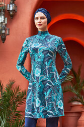 Rozamay - Full Coverage Modest Swimsuit With Blue Floral Print 3104 Navy Blue