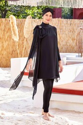 Adasea - 3-Piece Full Coverage Modest Swimsuit With Cape Pareo Jossy 4559 Black