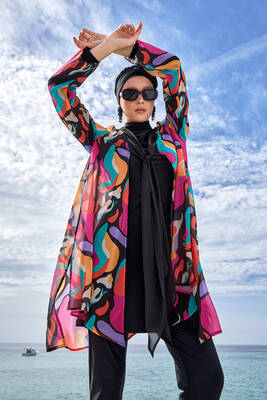 Adasea - 3-Piece Full Coverage Modest Swimsuit With Colorful Pareo Yumi 1134 Black Adasea - 3-Piece Full Coverage Modest Swimsuit With Colorful Pareo Yumi 1134 Black