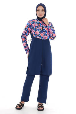 Remsa - Full Coverage Modest Swimsuit With Floral Top 25217-1 Navy Blue